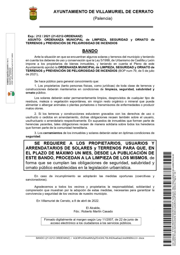 BANDO LIMPIEZA SOLARES Y TERRENOS 2022 – Ayuntamiento de Villamuriel